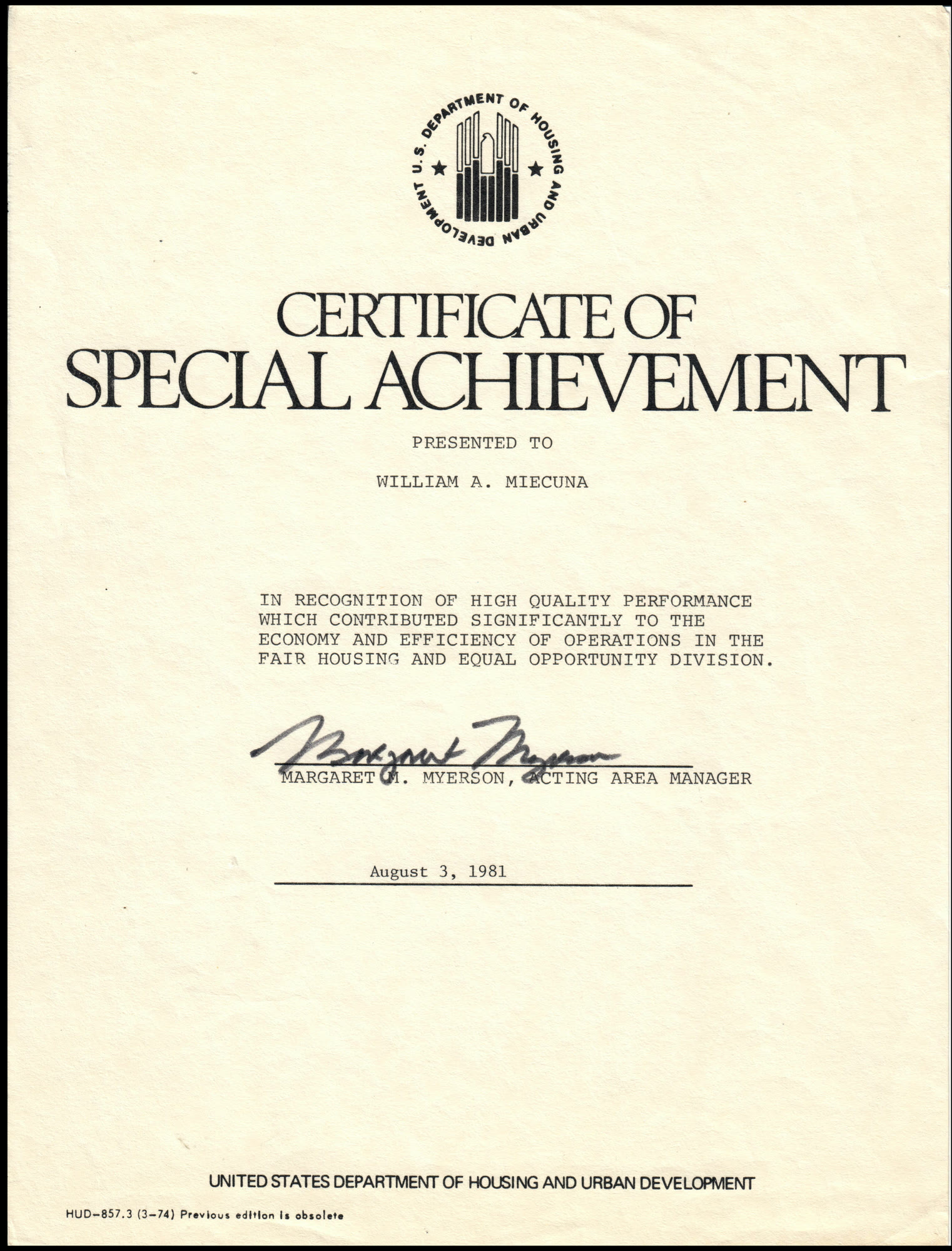 Certificate of Special Achievement dated August 3, 1981