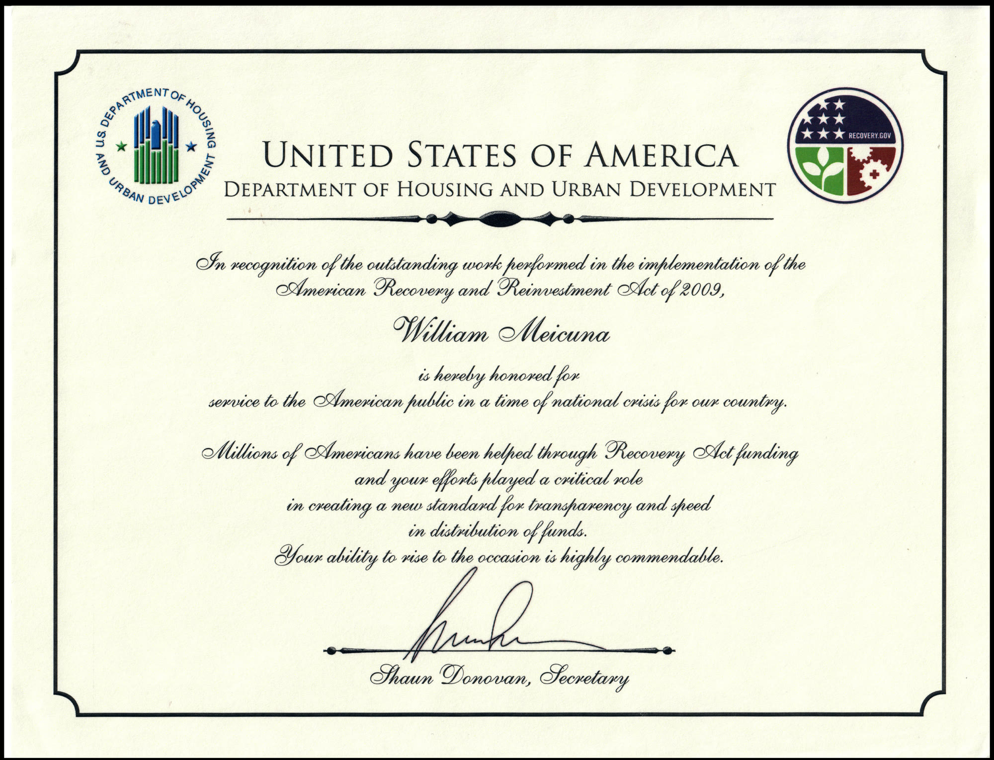 United States of America HUD certificate for work on the American Recovery and Reinvestment Act of 2009