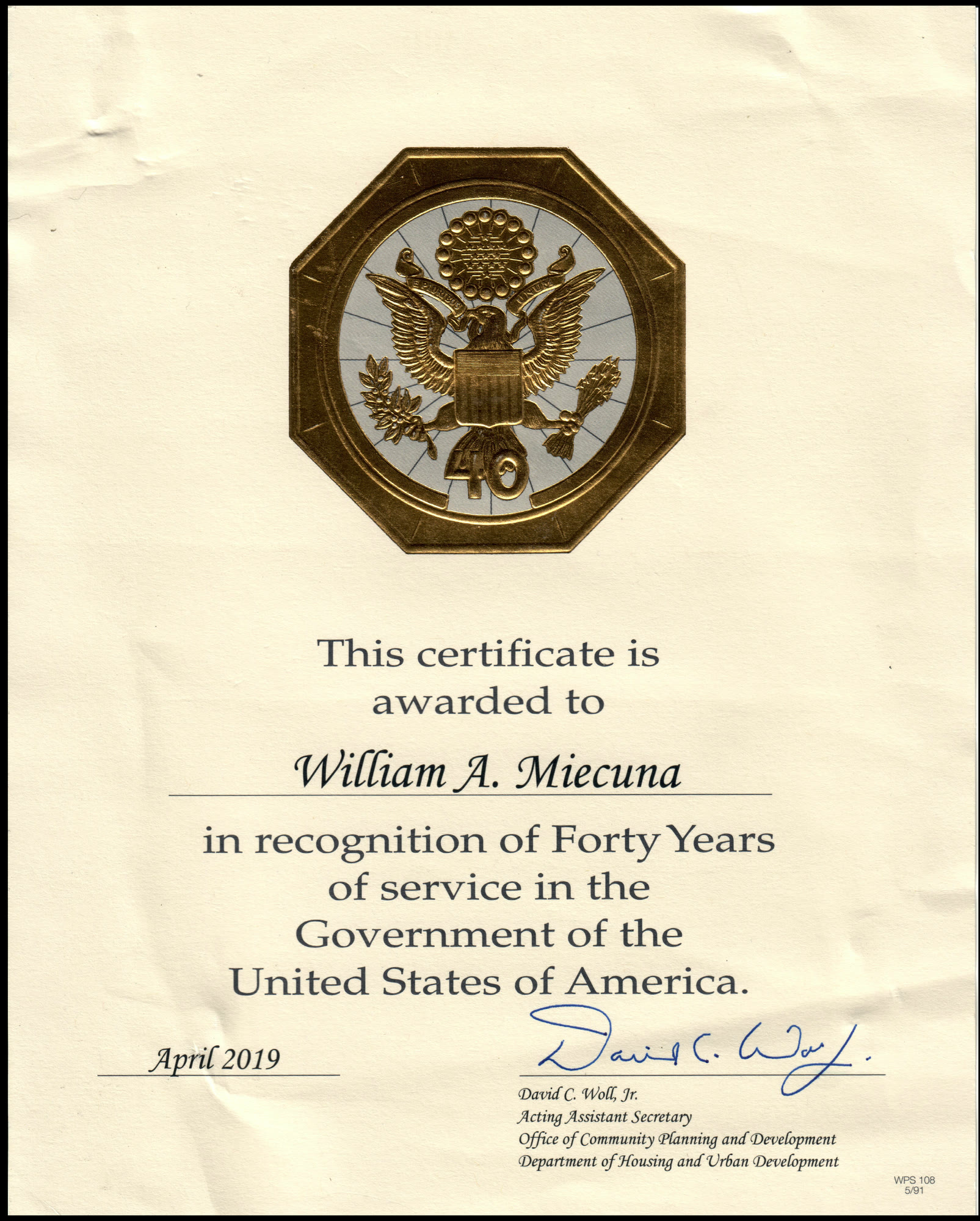 Certificate recognizing forty years of federal service, April 2019