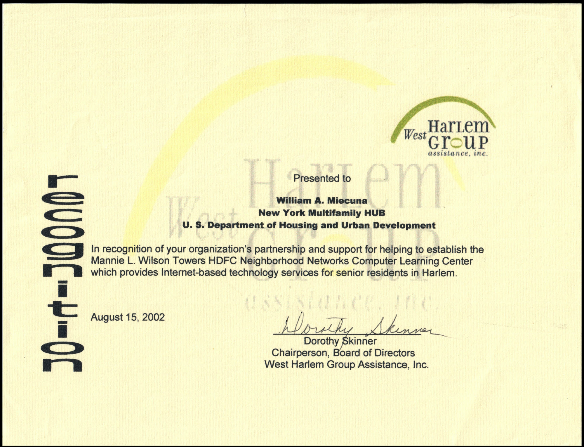 West Harlem Group Assistance certificate of recognition, August 2002