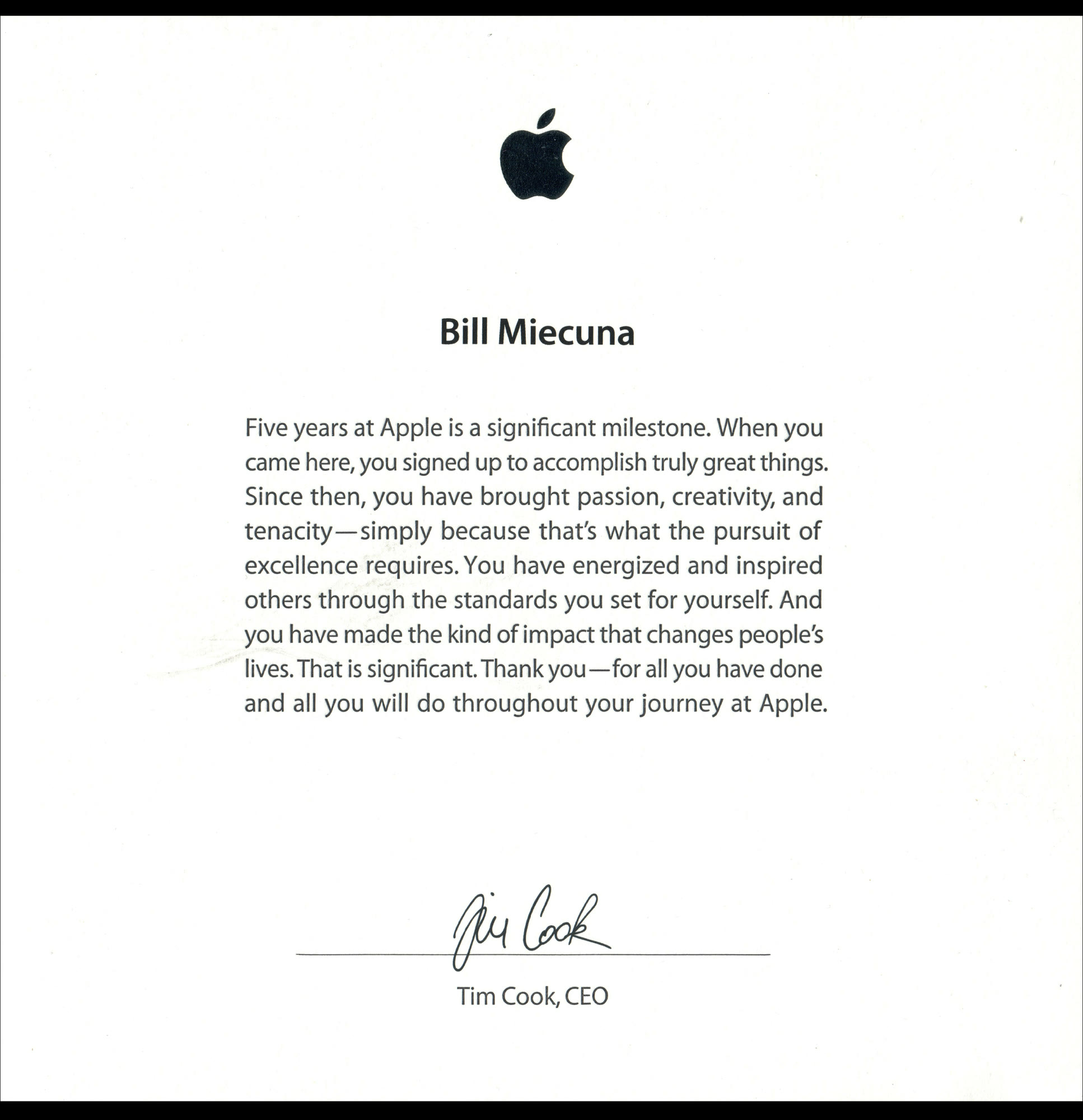 Apple five-year service card addressed to Bill Miecuna, signed by Tim Cook